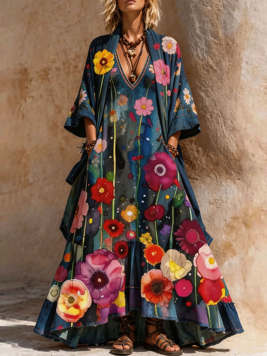 Retro Style Art Printed Vintage Camisole Dress Long Sleeve Two-Piece Maxi Dress